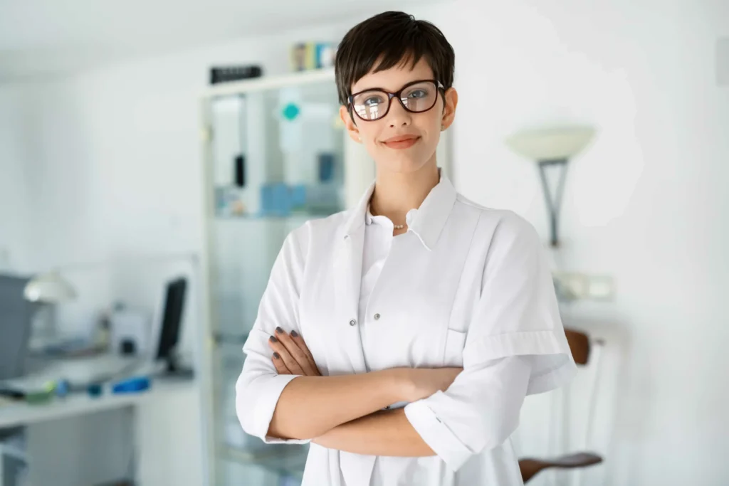 Female scientist or medical professional in lab coat