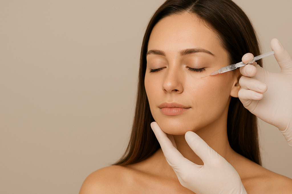 A woman with smooth, clear skin receives a Botox injection near her eye from a medical professional wearing white gloves, set against a soft beige background.