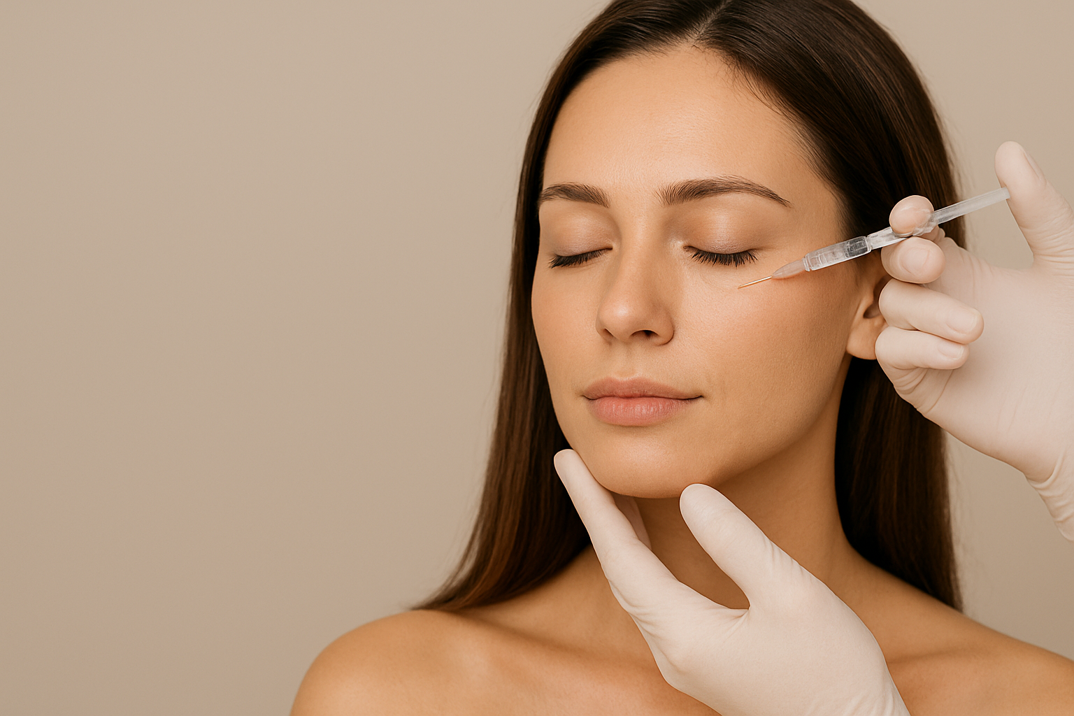 A woman with smooth, clear skin receives a Botox injection near her eye from a medical professional wearing white gloves, set against a soft beige background.