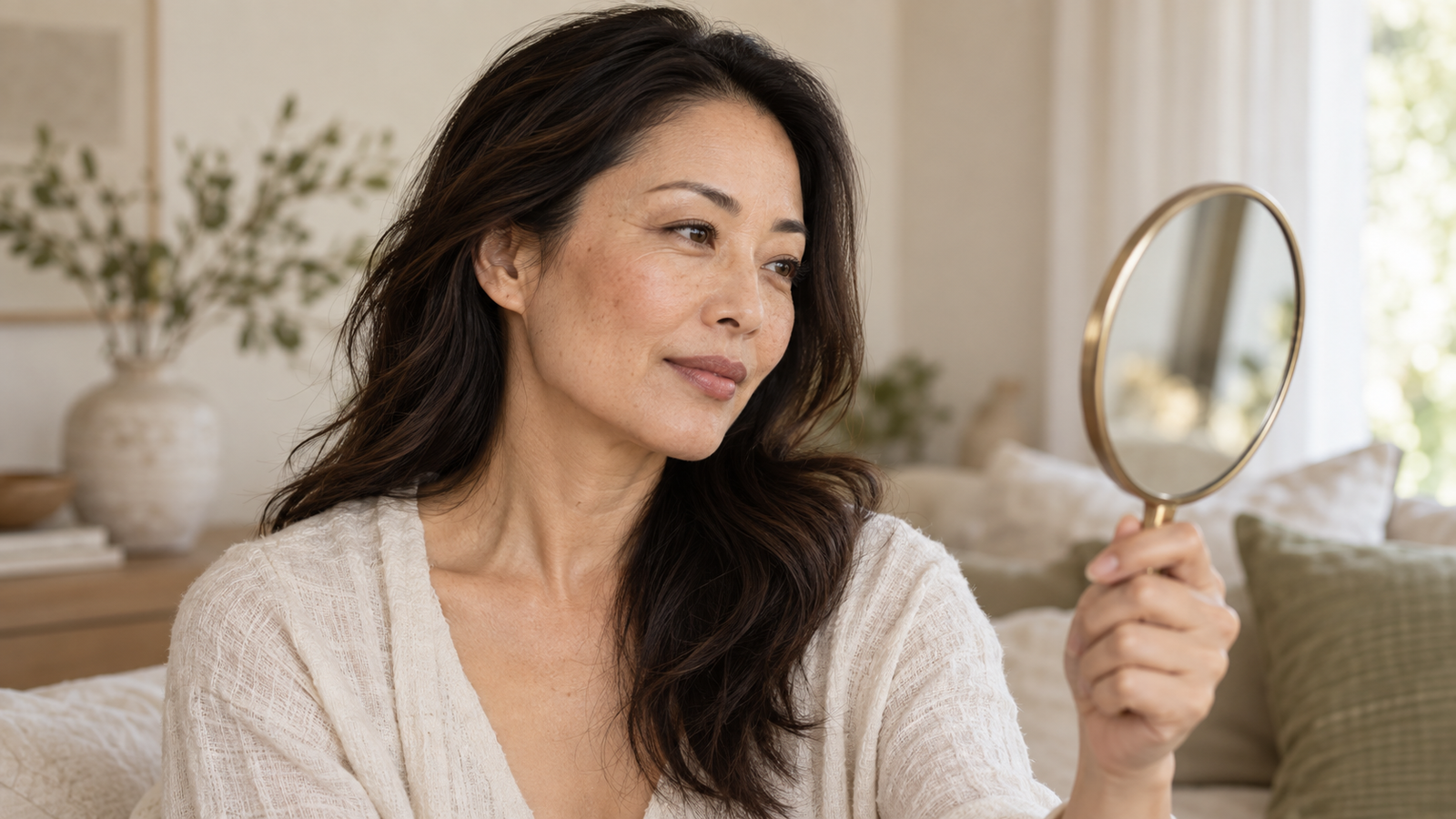 Woman looking at her skin in a handheld mirror in natural light